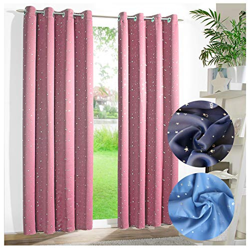 heimtexland ® Verdunklungsvorhang Dekoschal Blickdicht Kinder Gardine Sterne Silber Rosa Ösenschal HxB 160x135 Typ639