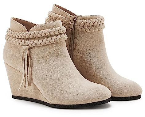 Womens Wedge Ankle Boots Braided Fringe Strap Western Heeled Fall Booties Dress Shoes 2-beige(faux Suede)