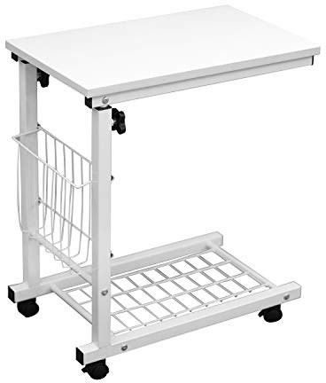 SogesPower C-Form Beistelltisch Verstellbarer Laptop-/Computer-Ständer, Nachttisch mit Rollen tragbarer Beistelltisch für Bett, Sofa Weiß