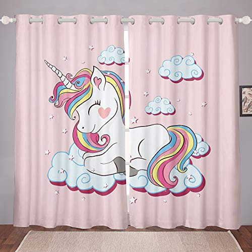 Tenda per finestra per bambini, 245 x 140 cm, motivo unicorno, oscurante, motivo con unicorno, motivo a nuvole, opaca, decorazione per splendidi animali carini, set da 2 pezzi