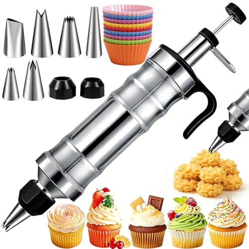 Suuker Dessert Decorating Syringe Set, Stainless Steel Frosting Piping Kit with 6 Icing Tips for Cake & Cupcake Decorating