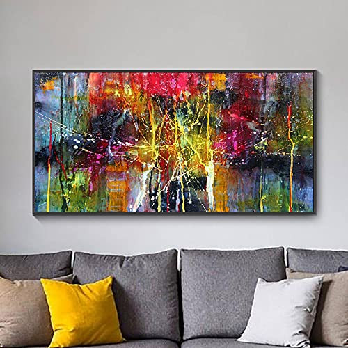 HOLEILUCK Wandbild auf Leinwand, bunt, abstrakt, modern, schwarz, gerahmt, Wandkunst, Heimdekoration, Bild auf Leinwand, für Wohnzimmer, 86 x 193 cm/34 x 76 Zoll, schwarzer Rahmen