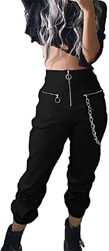 XKBHYD Womens High Waist Jogging Pants with Multi Zipper Lightweight Sweatpants Casual Relaxed Fit Trousers, Black, XL