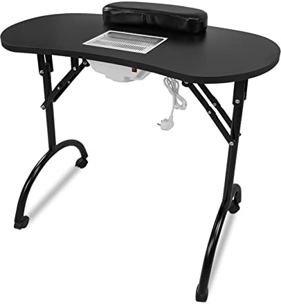 Froadp Tavolo Pieghevole per Manicure con Aspiratore, Mobile con Rotelle, Cuscino per Mani, Cassetto e Tasca Portaoggetti, per Salone di Bellezza (Nero)