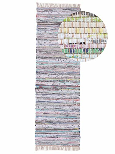 carpetfine Flickenteppich Kelim Chindi Läufer beige 80x350 cm | Fleckerlteppich aus Baumwolle für Wohnzimmermit Fransen