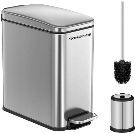SONGMICS Badezimmer-Mülleimer und WC-Bürsten-Set, 1,3 Gallonen, kleiner Mülleimer mit Deckel, schlank für kleine Räume, Edelstahl-Mülleimer mit Absenkautomatik, Silber ULTB560E0501