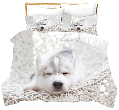 EXSANLIEAY Bettwäsche 135x200 Hund Bettbezug Weich Mikrofaser Weiss Bettwäsche-Sets mit Reißverschluss und 2 Kissenbezüge 80x80 für Jungen und Mädchen