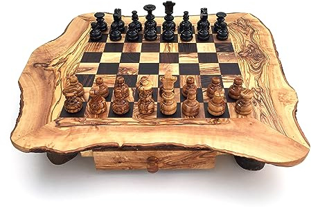 Schachspiel rustikal, Schachtisch Gr. wählbar M/L/XL inkl. Schachfiguren handgemacht aus Olivenholz/Wenge Geschenkidee. (XL)