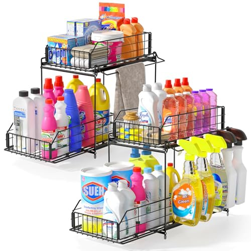 SUEH DESIGN Under Sink Organizers and Storage, 2 Tier Metal Under Sink Storage with Hanging Rail for Kitchen Bathroom Cabinet Organizer, 2 Pack