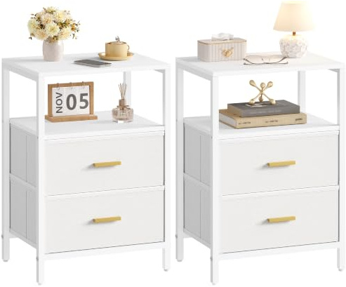 Hzuaneri Comodino set di 2, Tavolino laterale con 2 cassetti pieghevoli in tessuto, Vano a giorno, Tavolino, Comodino camera da letto, per Soggiorno, Camera da letto, Bianco NS30713W