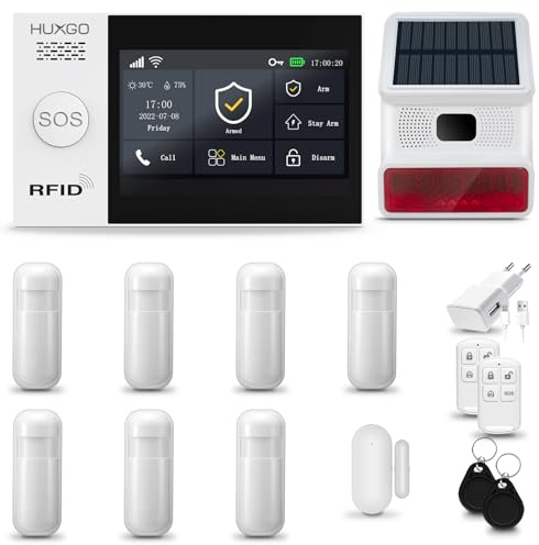 HUXGO® HXA007 Alarmanlage Haus WiFi + GSM 4G mit Solar Funk Sirene | Tuya Smartlife App | Alarm System mit Fenstersensor, 7X Bewegungssensor | Alarmanlage Wohnung, Garage | Smart Home Security
