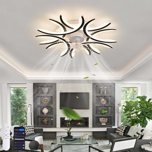 Design Deckenventilator Mit Beleuchtung Und Fernbedienung Led Dimmbar Reversibel 6-Gang Deckenlampe Mit Ventilator Mit Memory-Funktion Schlafzimmer Leise Ventilator Lampe Wohnzimmer, Schwarz Alexa