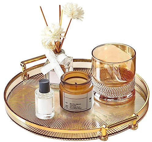 TANGHSE Serving Tray with Golden Handles, Acrylic Decorative Candle Trays Round Perfume Plate Reusable Plastic Serving Platters, Serving Tray for Home Restaurant Bar Breakfast Coffee Tea Fruit