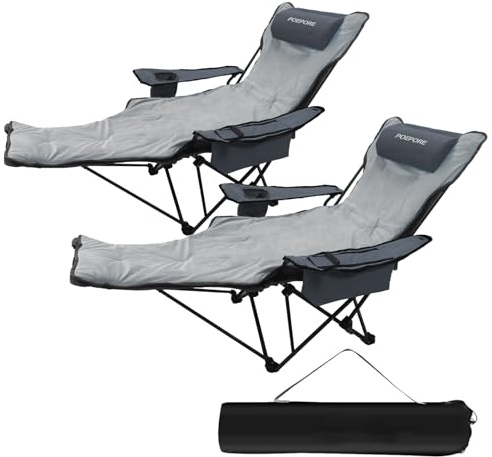 POEPORE Campingstuhl 2er Set Faltbar mit Fußstütze 4-Fach Campingstühle Strandstuhl Liegestuhl für Erwachsene 120kg Klappbarer Angelstuhl mit Kühltasche Wattepad Kissen Getränkehalter Grau