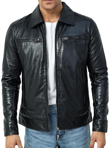 FINCHESCLUB Cowhide Leather Motorcycle Jacket, Conceal Carry Pockets Leather Jacket Men Polo Collar, Men's Biker Jacket | Small - Icon