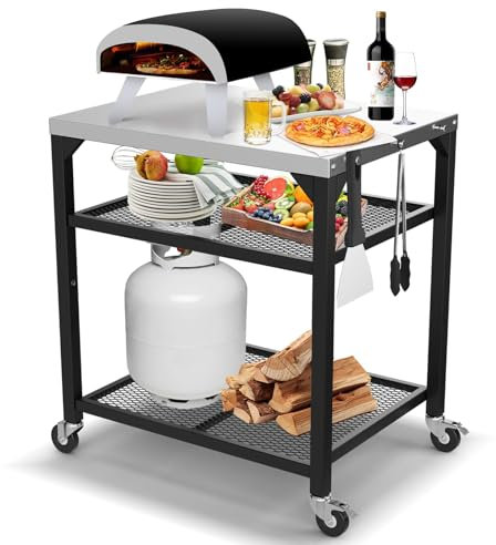 GFTIME Carrello da tavolo per pizza Ooni, Ninja Woodfire, Blackstone Griddle, Weber Q, grande carrello da cucina rotante, per esterni, in acciaio inox, con 3 piani