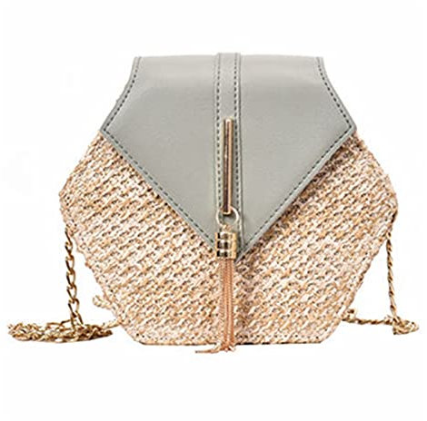 AYKANING Strohtaschen Damen,Korbtaschen Damen Sechseck Mulit Stil Stroh + Leder Handtasche Frauen Sommer Rattan Bag Handgemachte gewebtes Strand Kreis Bohemia Umhängetasche(Green)