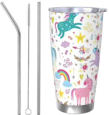 Kycvds Unicorns Pink 2.0 Oz Stainless Steel Flat Glass Water Cup With Straw Flip Reusable Water Cup