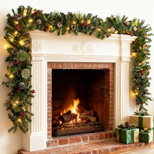 9FT/2.7M Christmas Garland For Fireplace Stairs Front Door, Xmas Garlands With Lights Pine Cones Berries,Light Up Artificial Wreath Table Porch Arch Mantle Garden Gate Home Outdoor Decorations