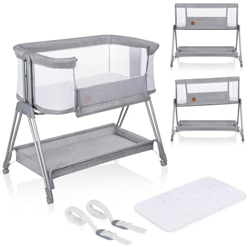 lionelo Luna 2-i-1 sängsäng för spädbarn från födseln till 9 kg med justerbar höjd och lutning 4 låsbara hjul bärbar baby co-sleeper andningsbar nät tvättbar madrass och skyddskorg