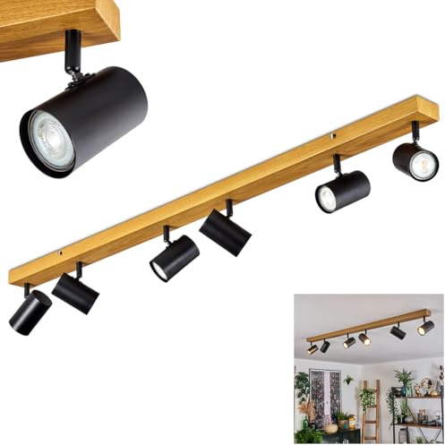 HOFSTEIN Deckenleuchte Gesteira, 6-flammige Deckenlampe aus Metall in Holzoptik/Schwarz, Leuchte im modernen Design mit verstellbaren Schirmen, GU10, Esszimmer, Wohnzimmer, Küche, Schlafzimmer, Flur