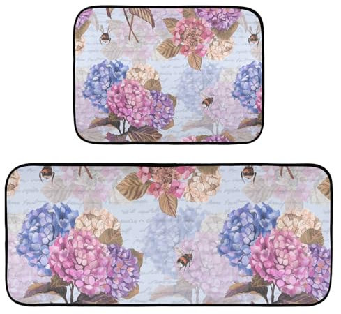 Küchenteppiche, 2 Stück, rutschfest, waschbar, rosa Hortensien, blaue Blume, Insekten, Anti-Ermüdung, Bodenmatte, Stehmatte für Küche, Flur, Läufer Set