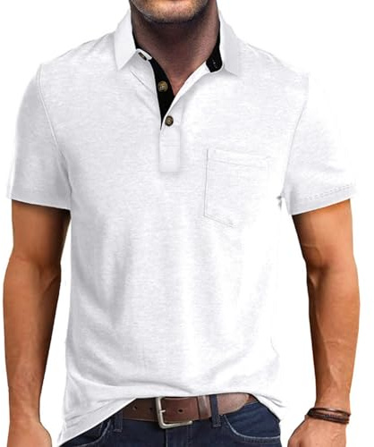 Polo de Manga Corta para Hombre, Casual, clásico, de algodón, Cuello de Verano, con Botones, Color sólido, Camiseta básica con Bolsillo