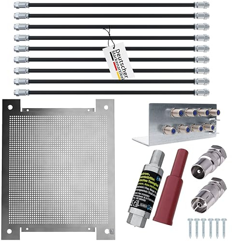 maxx.onLine Lochblech Montageplatte SET für Kabel TV Antennenverstärker, Sat- / Kabel Verteiler inkl. 35cm FLEX F-Stecker Verbindungskabel, Kabel-TV Überspannungsschutz, Erdungswinkel, 8 Teilnehmer