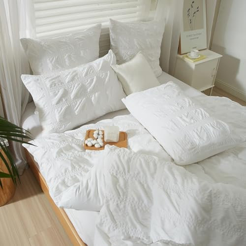 YASMENG Seersucker Housse de Couette 220x240 Blanc Grand À Carreaux Seersucker Parure de Lit Doux Respirant Microfibre Linge de Lit 2 Personne Adulte avec Fermeture Éclair 2 Taies d'oreiller 65x65 cm