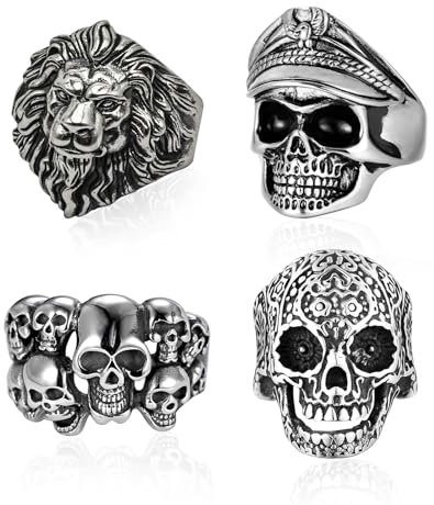 HSLPSM 4 Stück Totenkopf Ring, Halloween Deko,Tier Löwenkopf Ring, Edelstahl Siegelring Herren Ringe, Halloween Biker Herren Schädelkopfring, Skelett-Bandring Punk Felsen-Piratenschädelring