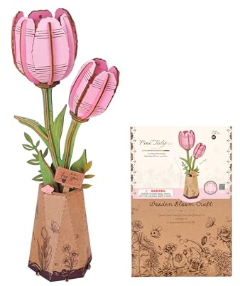 ROBOTIME Tulipe Rose Puzzle 3D en Bois, Kit De Modèle De Fleur Artificielle pour Adultes, Construction De Décoration Créative pour La Maison, Cadeaux De Saint-Valentin pour Femmes