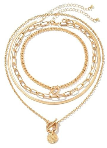 Tweozek 4 Pcs Layered Necklaces for Women, Chunky Gold Necklace, Paperclip Necklace Choker Chunky Necklaces for Women Girls, Gold Punk Chain Round Retro Coin Medallion Pendant Jewelry Gifts