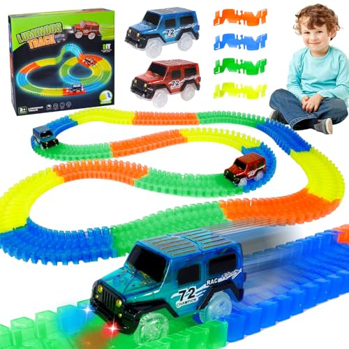 PQETBV Circuit Voiture Enfant Jouet 3 Ans, Circuit Flexible Lumineux, 240 PCS de Piste de Course de Voitures Jouet Enfant 3 4 5 Ans Garçon Fille Jeux