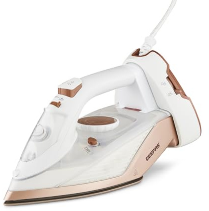 GEEPAS Steam Iron | Clothes Dry & Steam Press | 35s Fast Heat-Up Vertical Steaming | Ceramic Soleplate Adjustable Temperature Cordless | 300ml Tank 0.5g/Steam Output | 2200W White (Renewed)