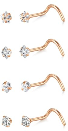 LAURITAMI 20G piercing nez anneaux Mince, Spirale Acier Chirurgical pour piercing nez Fiche Double Anneaux Or Argent Set, Fiche pour piercings nose avec Zirconia pour femmes et hommes
