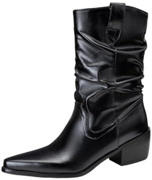 Générique Bottes Femme Western Métalliques Slouchy Bout Pointu Similicuir Talons Épais Antidérapantes Confortables Solides Style Cowboy pour Festival Fête Quotidien,Noir,43 EU