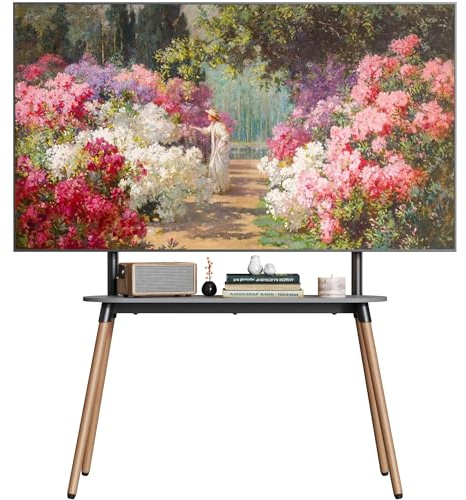 ECOTINY TV Ständer Holz für 49 bis 86 Zoll Fernseher bis zu 50KG, Schwarz | , höhenverstellbar und schwenkbar, tragbarer TV-Ständer Holz mit Holztablett,max VESA 400x600mm