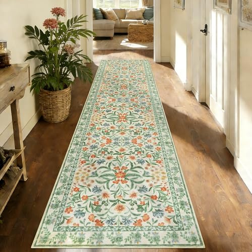 Edlbaegy Blumenmuster Teppich Läufer 80X300cm Beige Läufer Flur Waschbarer Flur Teppich rutschfest Küchenläufer Boho Lang Teppichläufer für Eingang Badezimmer Waschküche