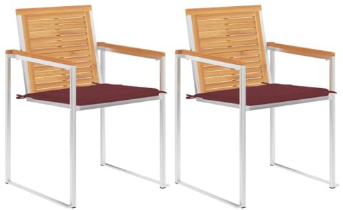 Fangmaliuyun 2er Gartenstühle aus Teakholz & Edelstahl 304, 60x56x85 cm, mit rotem Polyester Sitzkissen für Balkon, Terrasse und Camping