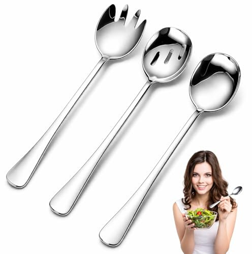 MOAZIFI Salatbesteck Edelstahl 3er Set 28 cm Servierlöffel Salatgabel Schaumlöffel Lange Griffe Küchenhelfer Buffet Besteck Set für Küche Restaurant Party Catering Servieren