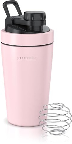 Arendo - Eiweiß Shaker Edelstahl 500ml, Protein Shaker mit Mixkugel, BPA frei, Mixbecher, Metall Premium Eiweißshaker, Tragegriff, Spülmaschinengeeignet, To Go für Yoga Fitness Sport, Rosa