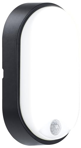 Luceco LED Eco Außenleuchte 10W Oval, Außenlampe mit PIR Bewegungssensor, Wandleuchte IP54 Wasserfest, Schwarz und Weiß Dekorring