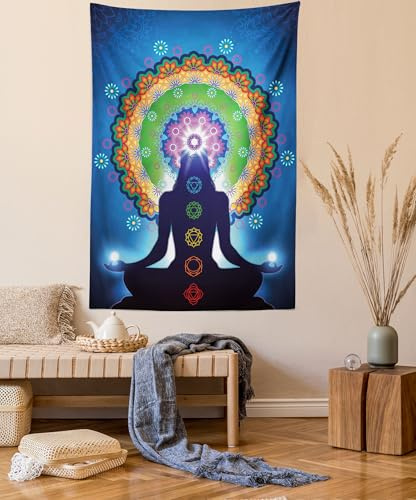 ABAKUHAUS Chakra Wandteppich und Tagesdecke, Mandala Chakra Yoga aus Weiches Mikrofaser Stoff Waschbar ohne Verblassen Digitaldruck, 140 x 230 cm,Dunkelblau Grün