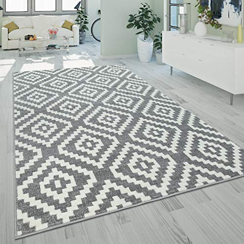 Paco Home Tapis À Poils Ras Salon Moderne Géométrique Motif Losanges en Gris Blanc, Dimension:160x220 cm