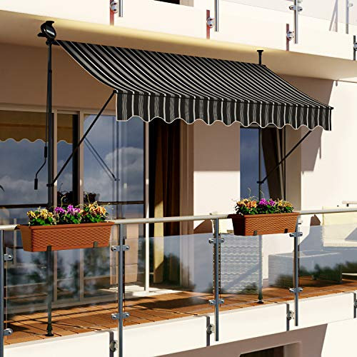 Swing & Harmonie LED - Markise mit Kurbel Klemmmarkise Balkonmarkise mit Beleuchtung und Solarmodul Fallarm Markise Sonnenschutz Terrasse Balkon (350x150, grau/Weiss)