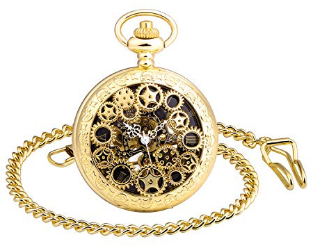 MICGIGI - Orologio da tasca unisex con catena, analogico, a carica manuale, stile retrò, cavo, gold