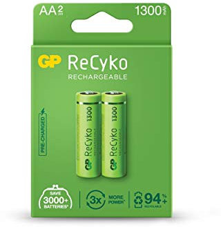 Recargables marca GP BATTERIES modelo GP ReCyko Pack de 2 Pilas Recargables 1300mAh AA 1.2V - Precargadas - Fabricadas con mas del 10% de Materiales Reciclados