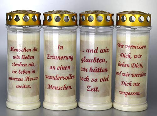 4 Grablichter, Grabkerzen, 4er Set- 21x7,5 cm - 3890-7 Tage Brenndauer je Grablicht – Trauerkerze mit Motiv und Spruch - Motivkerze - Gedenkkerze