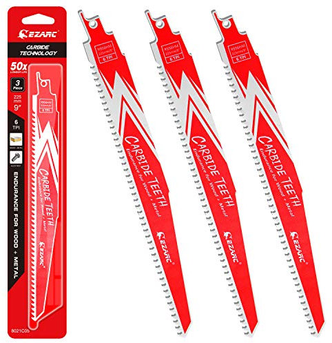 EZARC Carbide Reciprocating Saw Blade R956HM Endurance for Hard Wood and Metal Demolition 225mm 6TPI, 3-Pack