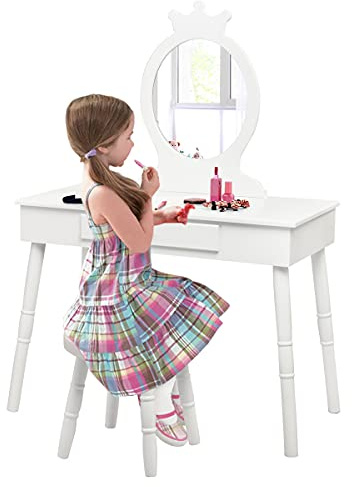 GOPLUS Kinder Schminktisch mit Hocker, Mädchen Frisiertisch mit Spiegel, Kosmetiktisch Kinder mit Schublade, Schminkkommode Holz für Kinderzimmer (Weiß)
